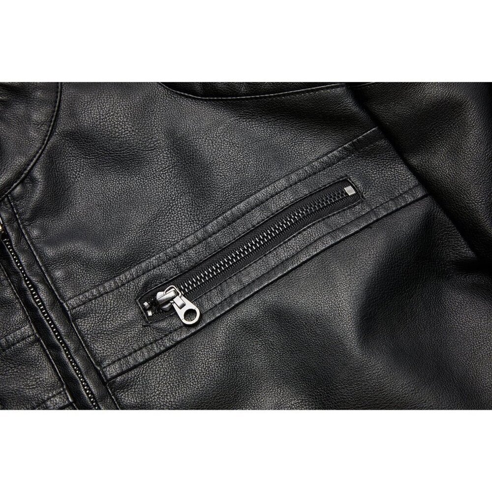 Men's Black1 Faux Leather Stand Collar Classic Zipper Slim Fit Biker Jacket - Picture 6 of 7